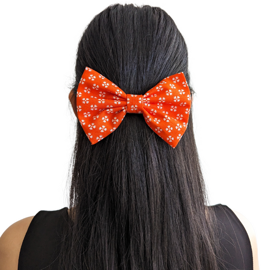 Bright Orange with Whimsical White Floral Simple Bow