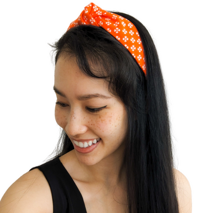 Bright Orange with Whimsical White Floral Top-Knot Headband