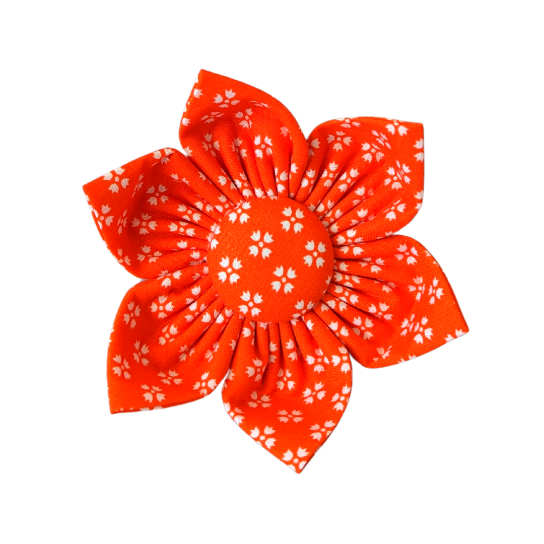 Image of Bright Orange with Whimsical White FloralKanzashi Flower with 6 Petals and Soft Interfacing for Shape Retention