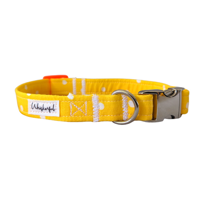 Image of our Yellow Polka Dot Collar in size Large, featuring contoured aluminum hardware for comfort and durability.