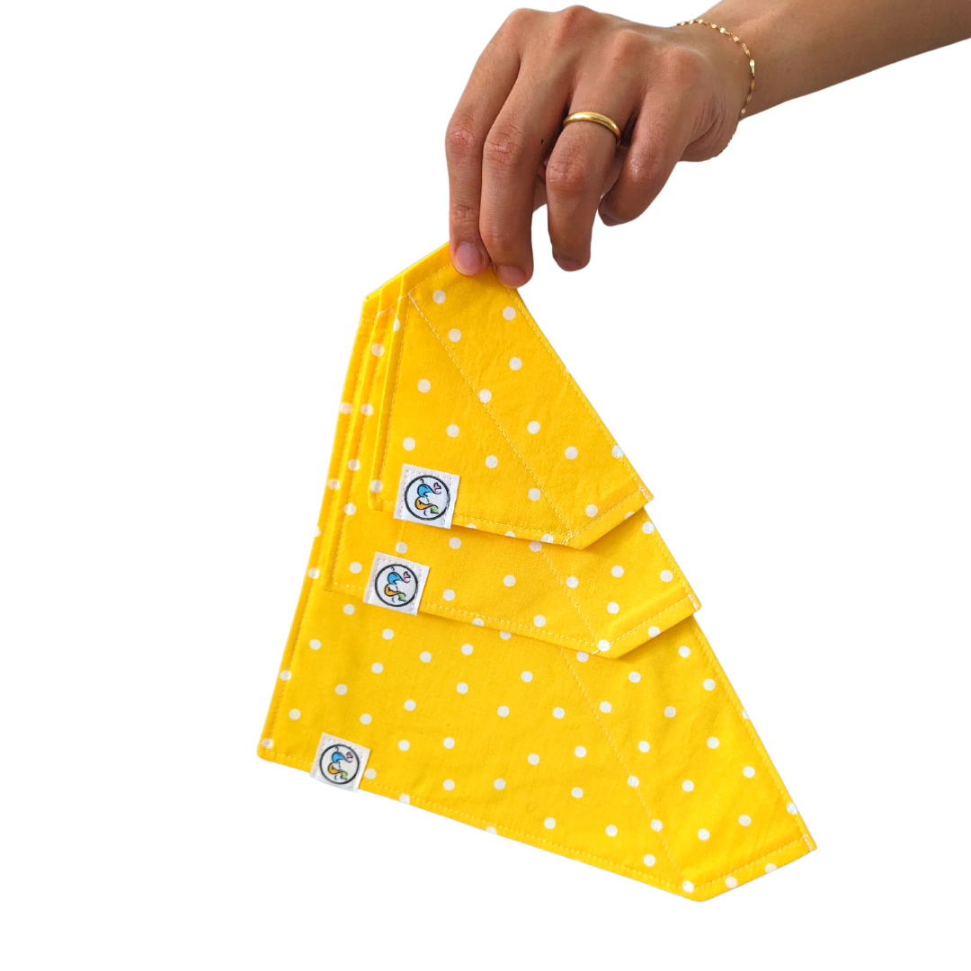 Image of three bandanas in different sizes (small, medium, and large) showcasing the yellow polka dot design for size comparison.