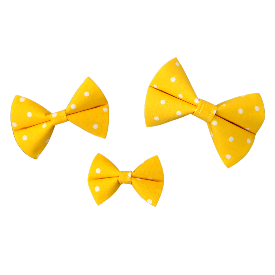 Image showcasing our Yellow Polka Dot Bow Ties in three sizes: Small, Medium, and Large, providing size comparison for reference.