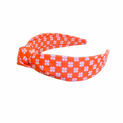 Bright Orange with Whimsical White Floral Top-Knot Headband