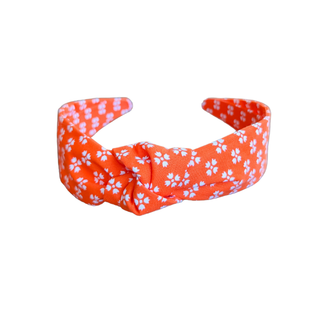 Bright Orange with Whimsical White Floral Top-Knot Headband