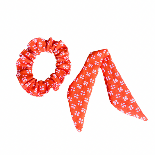 Bright Orange with Whimsical White Floral Scrunchies